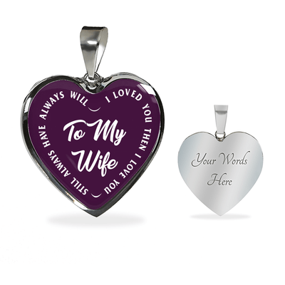 TO MY WIFE (WHITE TEXT ON PURPLE) SILVER OR GOLD FINISHED HEART SHAPED NECKLACE OR BRACELET (EO) - podprintz.com