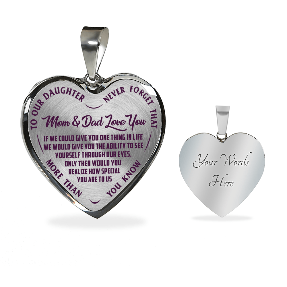 TO OUR DAUGHTER, MOM & DAD LOVE YOU, NEVER FORGET THAT - GOLD AND SILVER FINISHED HEART SHAPED NECKLACE AND BANGLE BRACELET(PURPLE TEXT ON TRANSPARENT) EO