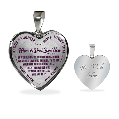 TO OUR DAUGHTER, MOM & DAD LOVE YOU, NEVER FORGET THAT - GOLD AND SILVER FINISHED HEART SHAPED NECKLACE AND BANGLE BRACELET(PURPLE TEXT ON TRANSPARENT) EO
