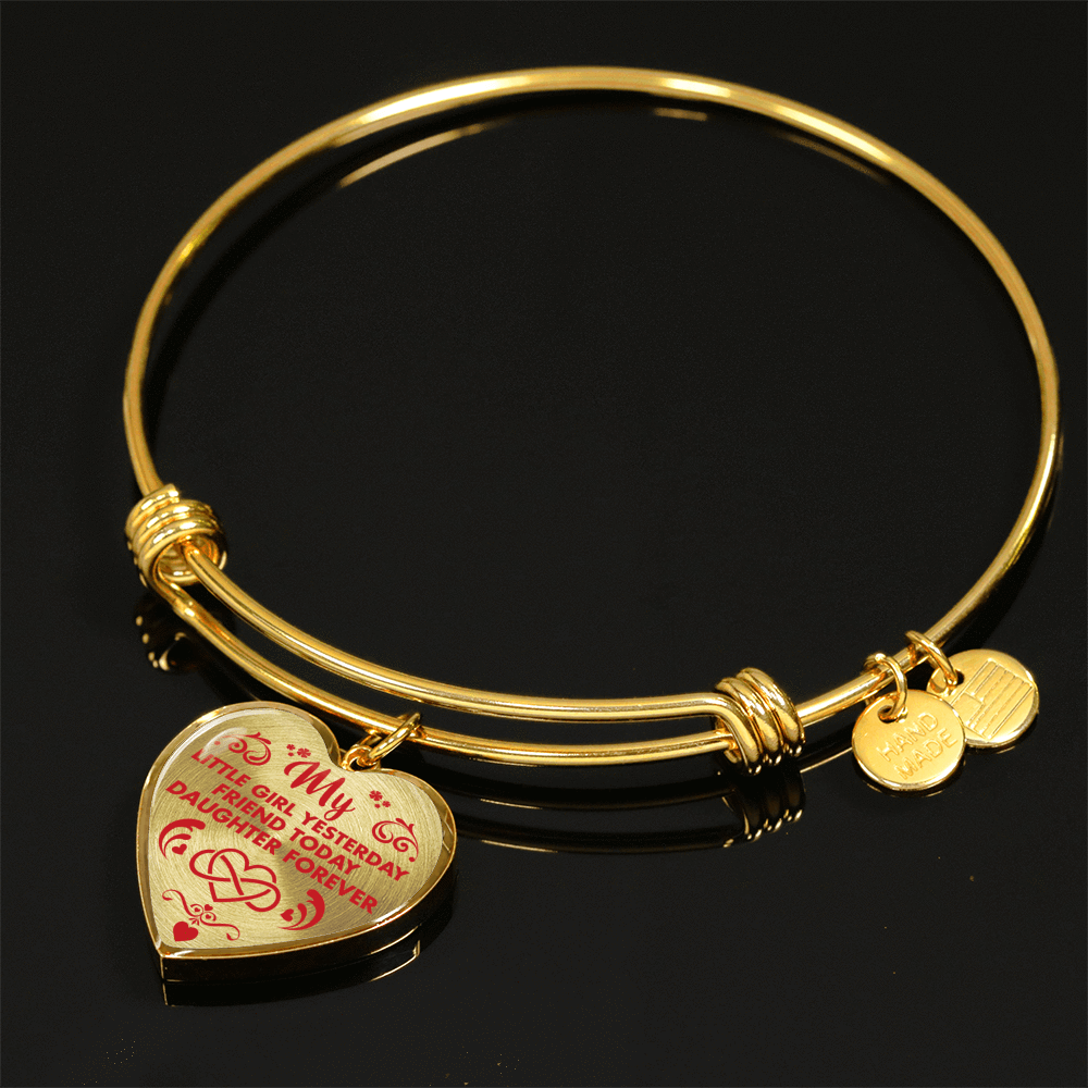 MY LITTLE GIRL YESTERDAY - FRIEND TODAY - DAUGHTER FOREVER - (RED ON TRANSPARENT) - GOLD FINISHED HEART BANGLE BRACELET - podprintz.com