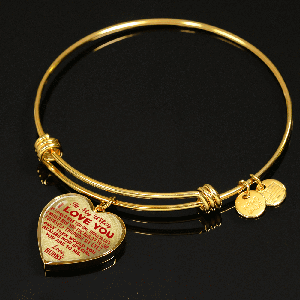 TO MY WIFEY - I LOVE YOU - (RED ON TRANSPARENT) - GOLD FINISHED HEART BANGLE BRACELET - podprintz.com