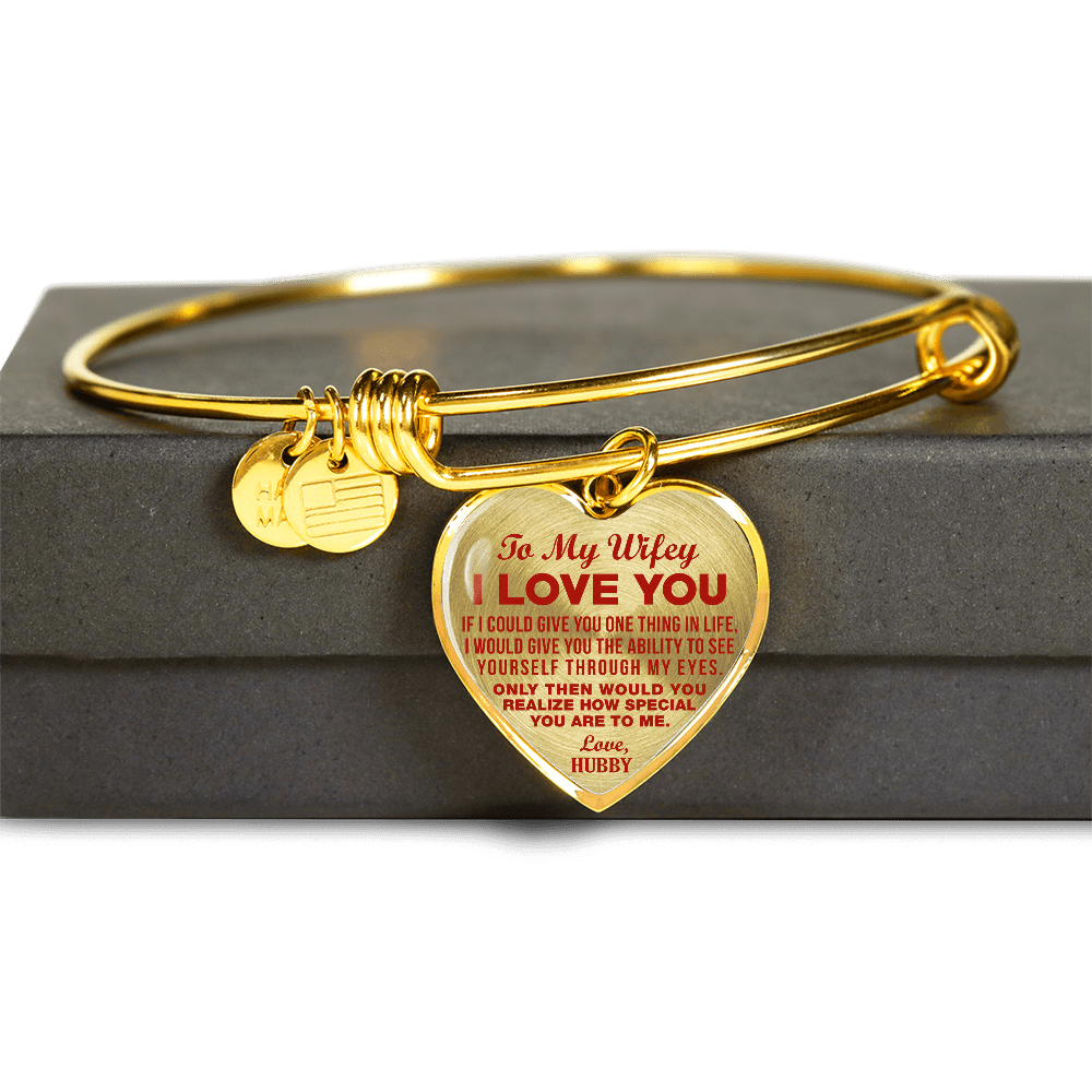 TO MY WIFEY - I LOVE YOU - (RED ON TRANSPARENT) - GOLD FINISHED HEART BANGLE BRACELET - podprintz.com
