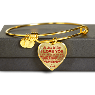 TO MY WIFEY - I LOVE YOU - (RED ON TRANSPARENT) - GOLD FINISHED HEART BANGLE BRACELET - podprintz.com