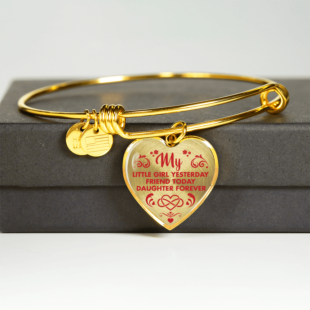 MY LITTLE GIRL YESTERDAY - FRIEND TODAY - DAUGHTER FOREVER - (RED ON TRANSPARENT) - GOLD FINISHED HEART BANGLE BRACELET - podprintz.com