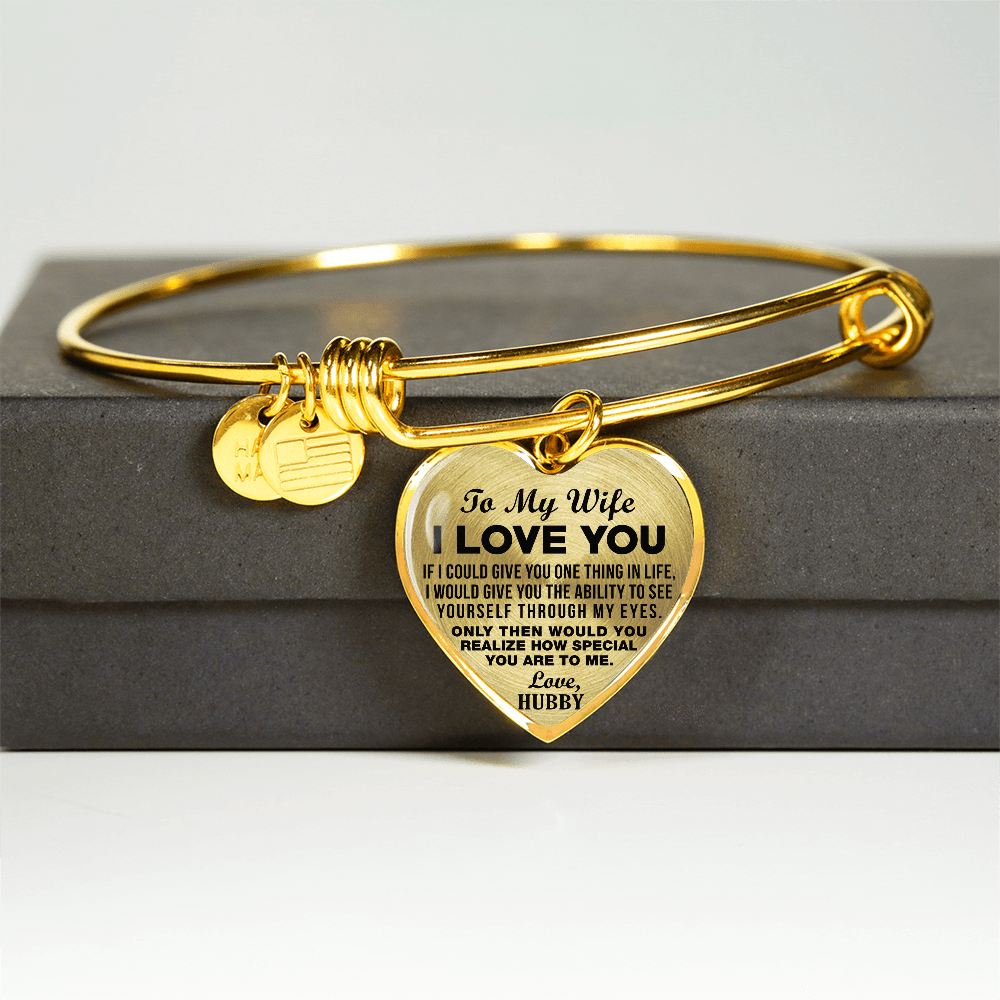 TO MY WIFE - I LOVE YOU - (BLACK ON TRANSPARENT) - GOLD FINISHED BANGLE BRACELET - podprintz.com