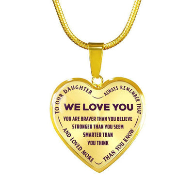 TO OUR DAUGHTER, ALWAYS REMEMBER THAT, WE LOVE YOU - (PURPLE ON TRANSPARENT) SILVER OR GOLD FINISHED HEART NECKLACE AND BANGLE BRACELET NEW EO