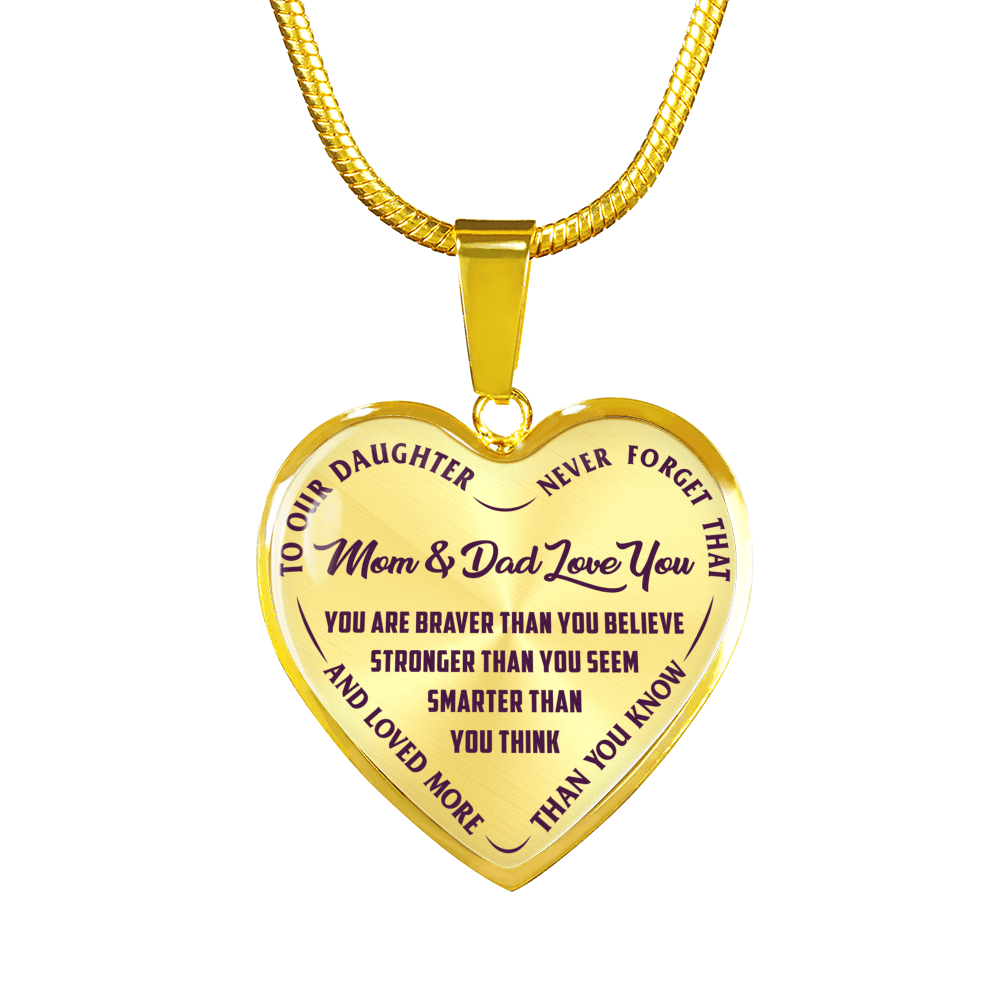 TO OUR DAUGHTER, YOU ARE BRAVER, MOM & DAD LOVE YOU - GOLD AND SILVER FINISHED HEART SHAPED NECKLACE AND BANGLE BRACELET (PURPLE TEXT ON TRANSPARENT) EO