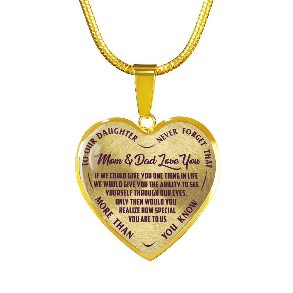 TO OUR DAUGHTER, MOM & DAD LOVE YOU, NEVER FORGET THAT - GOLD AND SILVER FINISHED HEART SHAPED NECKLACE AND BANGLE BRACELET(PURPLE TEXT ON TRANSPARENT) EO