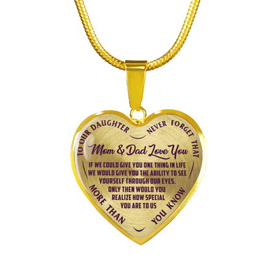 TO OUR DAUGHTER, MOM & DAD LOVE YOU, NEVER FORGET THAT - GOLD AND SILVER FINISHED HEART SHAPED NECKLACE AND BANGLE BRACELET(PURPLE TEXT ON TRANSPARENT) EO