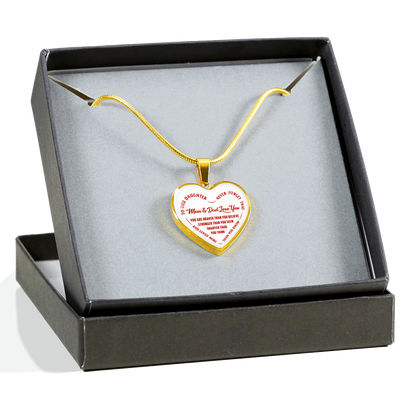 TO OUR DAUGHTER, YOU ARE BRAVER, MOM & DAD LOVE YOU - GOLD AND SILVER FINISHED HEART SHAPED NECKLACE AND BANGLE BRACELET (RED TEXT ON WHITE) EO