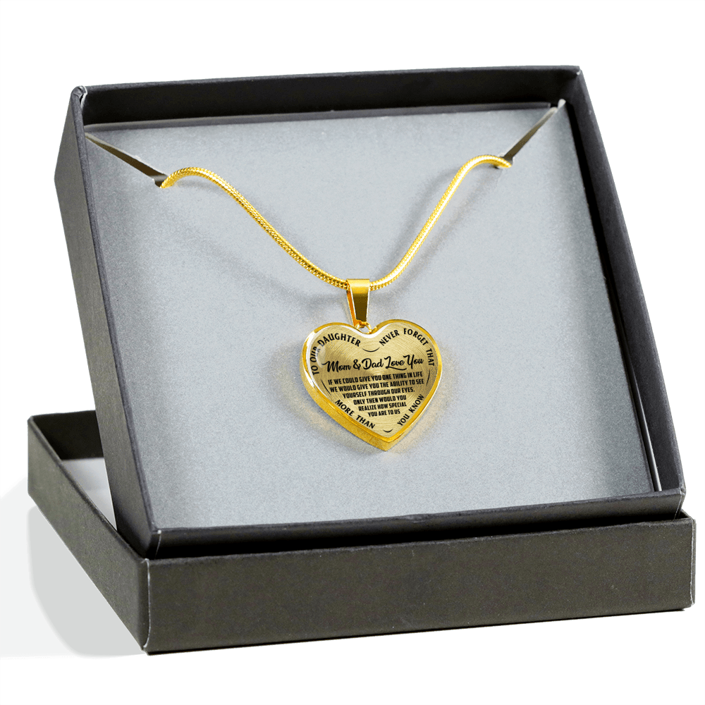 TO OUR DAUGHTER, MOM & DAD LOVE YOU, NEVER FORGET THAT - GOLD AND SILVER FINISHED HEART SHAPED NECKLACE AND BANGLE BRACELET(BLACK TEXT ON TRANSPARENT) EO
