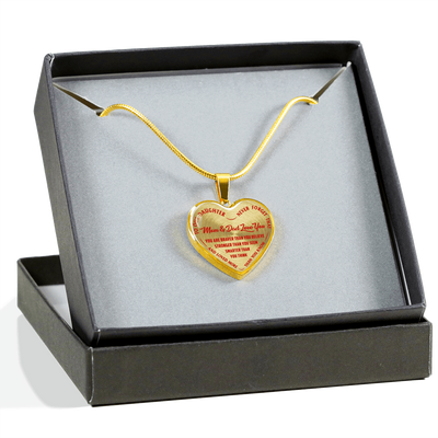 TO OUR DAUGHTER, YOU ARE BRAVER, MOM & DAD LOVE YOU - GOLD AND SILVER FINISHED HEART SHAPED NECKLACE AND BANGLE BRACELET (RED TEXT ON TRANSPARENT) EO