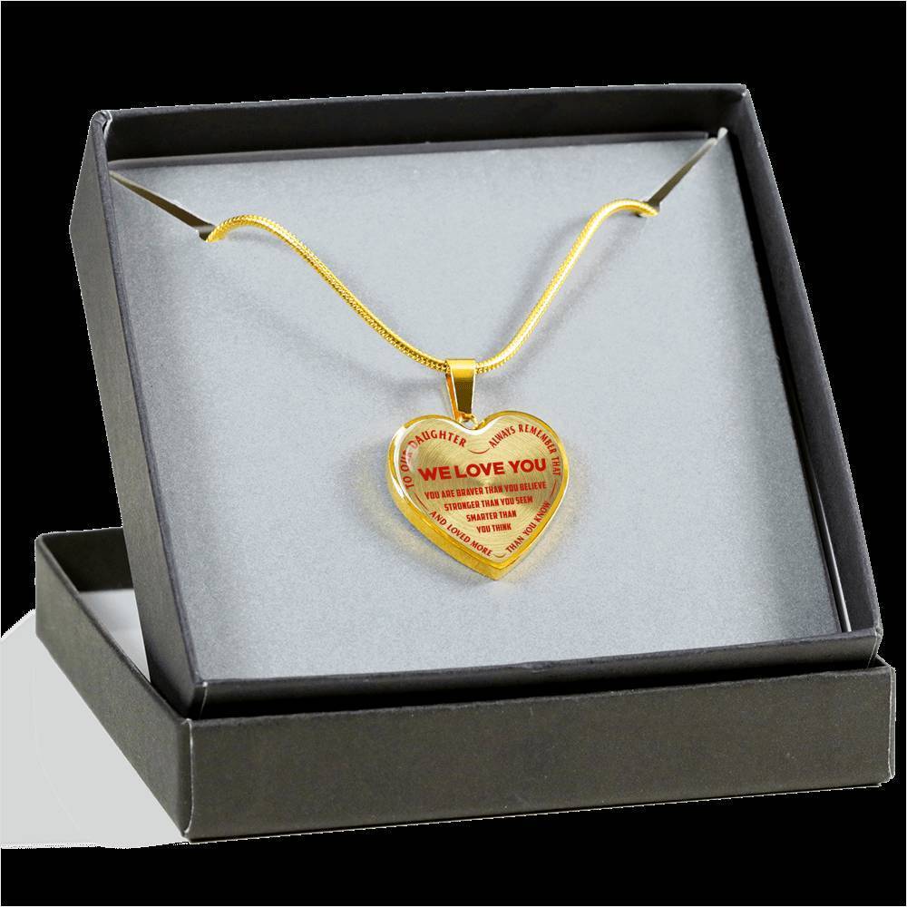 TO OUR DAUGHTER, ALWAYS REMEMBER THAT, WE LOVE YOU - (RED ON TRANSPARENT) SILVER OR GOLD FINISHED HEART NECKLACE AND BANGLE BRACELET NEW EO