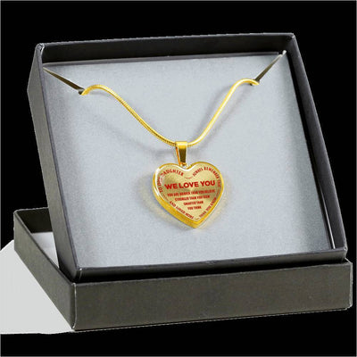 TO OUR DAUGHTER, ALWAYS REMEMBER THAT, WE LOVE YOU - (RED ON TRANSPARENT) SILVER OR GOLD FINISHED HEART NECKLACE AND BANGLE BRACELET NEW EO