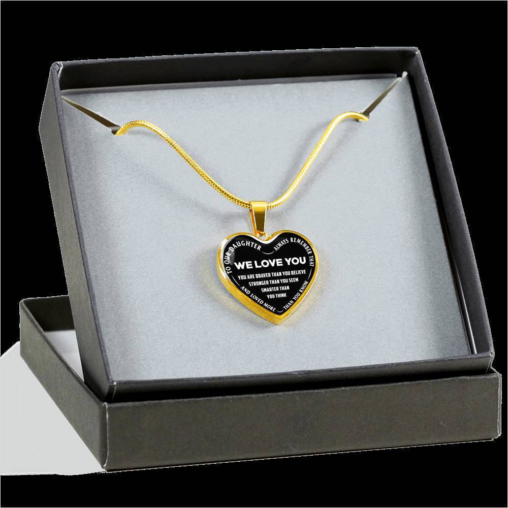 TO OUR DAUGHTER, ALWAYS REMEMBER THAT, WE LOVE YOU - (WHITE ON BLACK) SILVER OR GOLD FINISHED HEART NECKLACE AND BANGLE BRACELET NEW EO