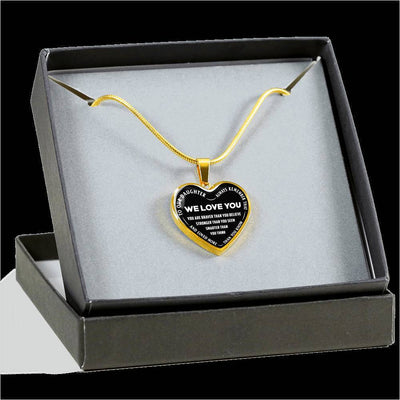 TO OUR DAUGHTER, ALWAYS REMEMBER THAT, WE LOVE YOU - (WHITE ON BLACK) SILVER OR GOLD FINISHED HEART NECKLACE AND BANGLE BRACELET NEW EO