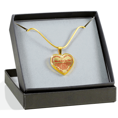TO OUR DAUGHTER, MOM & DAD LOVE YOU, NEVER FORGET THAT - GOLD AND SILVER FINISHED HEART SHAPED NECKLACE AND BANGLE BRACELET(RED TEXT ON TRANSPARENT) EO
