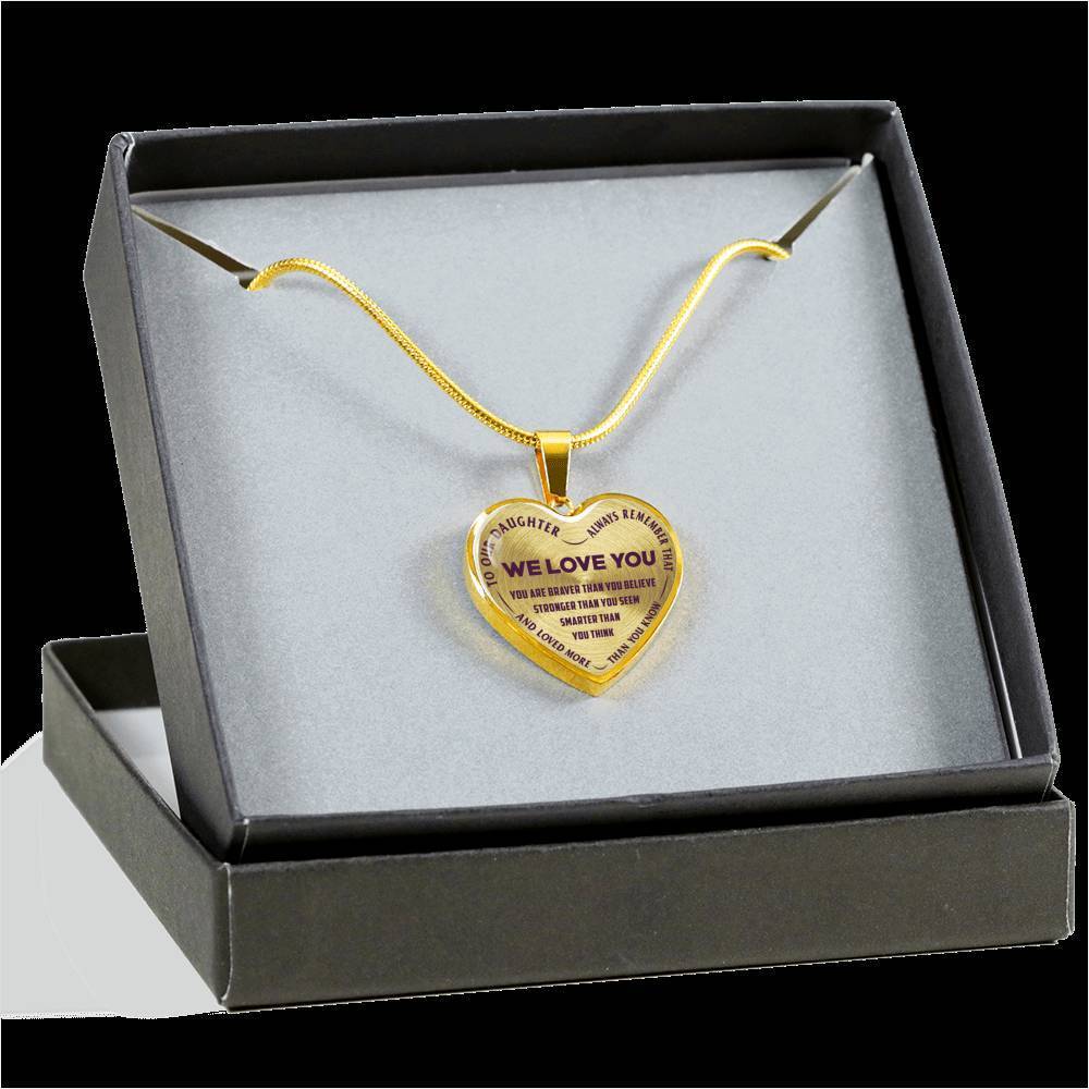 TO OUR DAUGHTER, ALWAYS REMEMBER THAT, WE LOVE YOU - (PURPLE ON TRANSPARENT) SILVER OR GOLD FINISHED HEART NECKLACE AND BANGLE BRACELET NEW EO