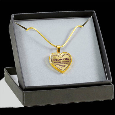 TO OUR DAUGHTER, ALWAYS REMEMBER THAT, WE LOVE YOU - (PURPLE ON TRANSPARENT) SILVER OR GOLD FINISHED HEART NECKLACE AND BANGLE BRACELET NEW EO