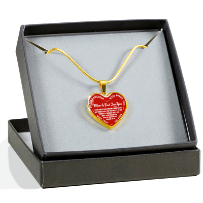 TO OUR DAUGHTER, MOM & DAD LOVE YOU, NEVER FORGET THAT - GOLD AND SILVER FINISHED HEART SHAPED NECKLACE AND BANGLE BRACELET(WHITE TEXT ON RED) EO