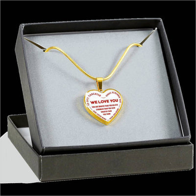 TO OUR DAUGHTER, ALWAYS REMEMBER THAT, WE LOVE YOU - (RED ON WHITE) SILVER OR GOLD FINISHED HEART NECKLACE AND BANGLE BRACELET NEW EO