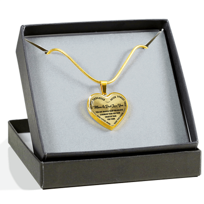 TO OUR DAUGHTER, YOU ARE BRAVER, MOM & DAD LOVE YOU - GOLD AND SILVER FINISHED HEART SHAPED NECKLACE AND BANGLE BRACELET (BLACK TEXT ON TRANSPARENT) EO