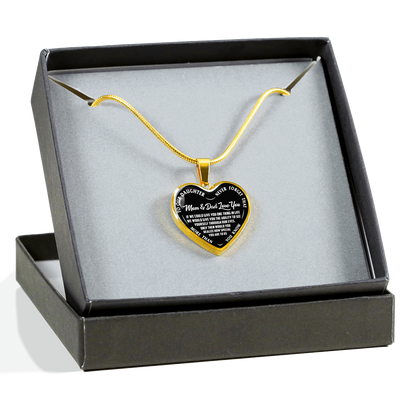 TO OUR DAUGHTER, MOM & DAD LOVE YOU, NEVER FORGET THAT - GOLD AND SILVER FINISHED HEART SHAPED NECKLACE AND BANGLE BRACELET(WHITE TEXT ON BLACK) EO