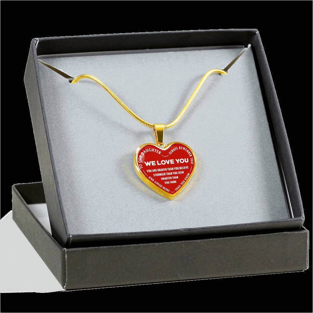TO OUR DAUGHTER, ALWAYS REMEMBER THAT, WE LOVE YOU - (WHITE ON RED) SILVER OR GOLD FINISHED HEART NECKLACE AND BANGLE BRACELET NEW EO