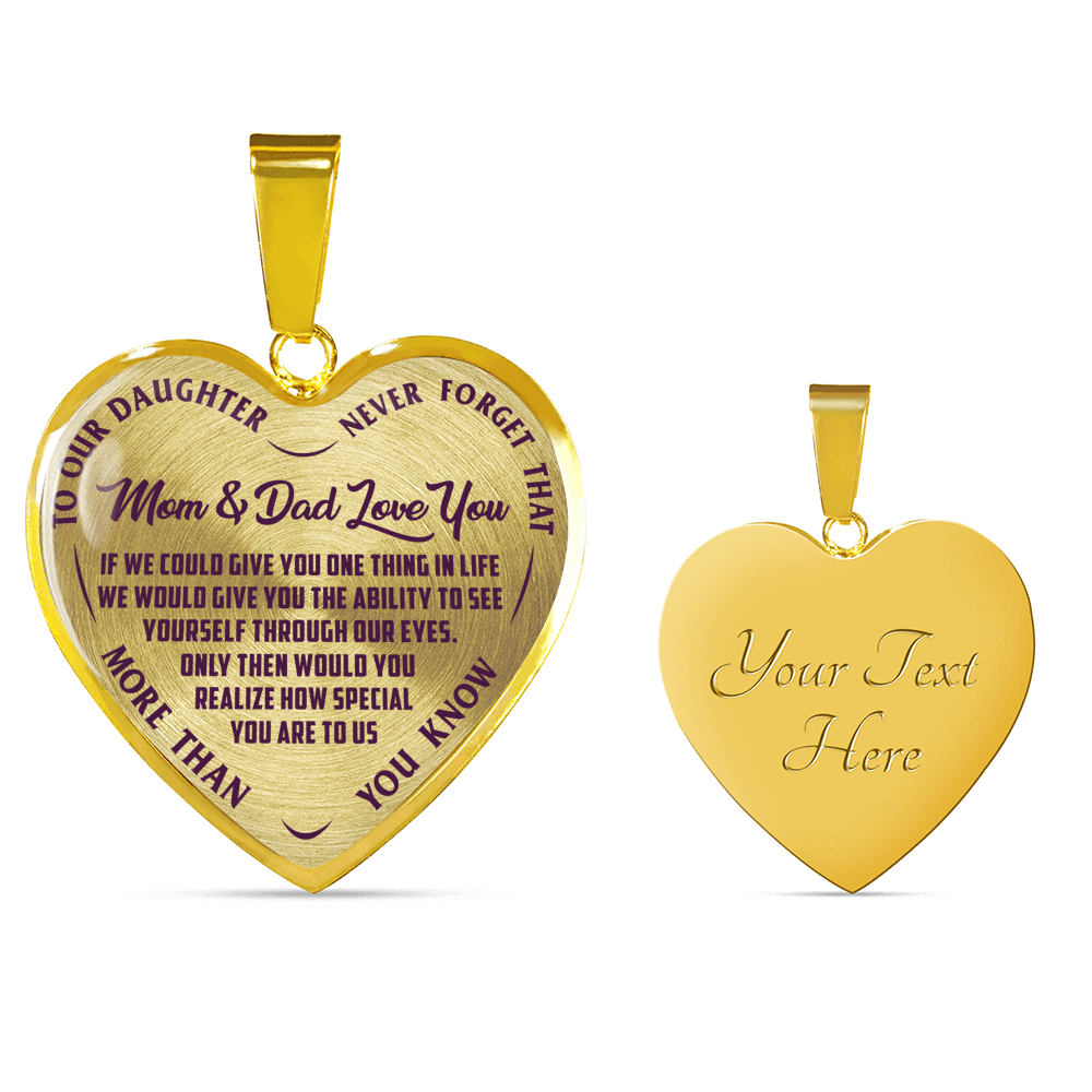TO OUR DAUGHTER, MOM & DAD LOVE YOU, NEVER FORGET THAT - GOLD AND SILVER FINISHED HEART SHAPED NECKLACE AND BANGLE BRACELET(PURPLE TEXT ON TRANSPARENT) EO