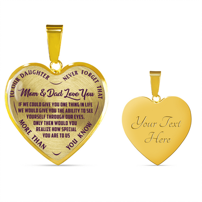 TO OUR DAUGHTER, MOM & DAD LOVE YOU, NEVER FORGET THAT - GOLD AND SILVER FINISHED HEART SHAPED NECKLACE AND BANGLE BRACELET(PURPLE TEXT ON TRANSPARENT) EO