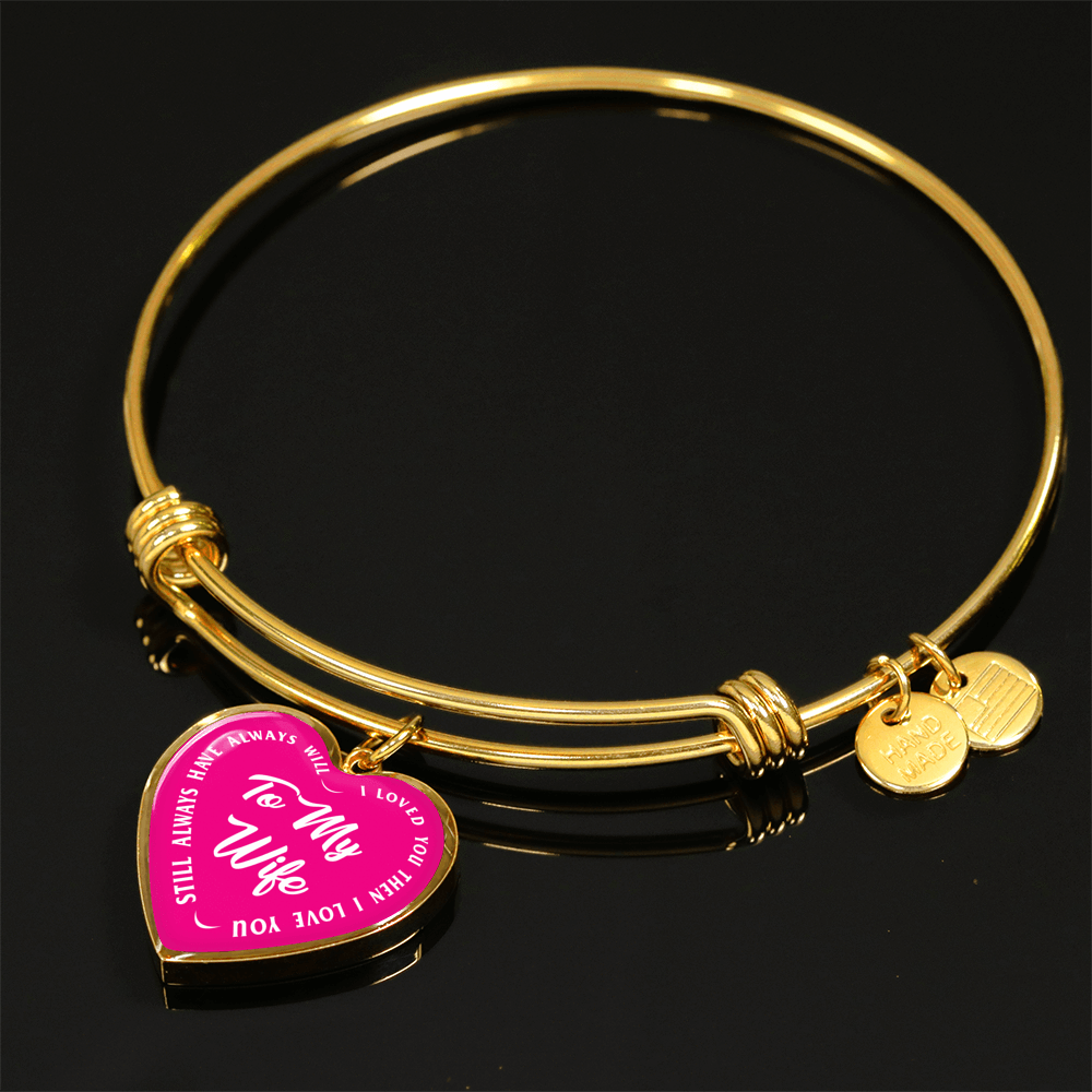 TO MY WIFE (WHITE TEXT ON PINK) SILVER OR GOLD FINISHED HEART SHAPED BANGLE BRACELET - podprintz.com