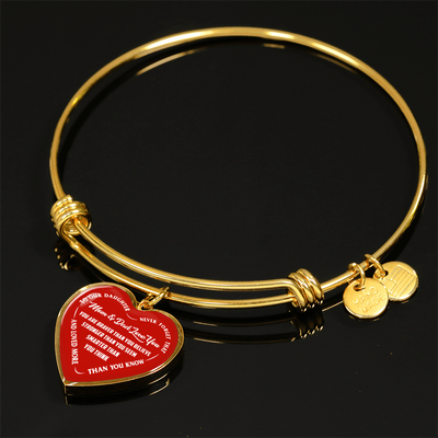TO OUR DAUGHTER, YOU ARE BRAVER, MOM & DAD LOVE YOU - GOLD AND SILVER FINISHED HEART SHAPED NECKLACE AND BANGLE BRACELET (WHITE TEXT ON RED) EO