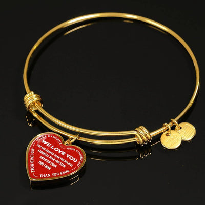 TO OUR DAUGHTER, ALWAYS REMEMBER THAT, WE LOVE YOU - (WHITE ON RED) SILVER OR GOLD FINISHED HEART SHAPED BANGLE BRACELET NEW