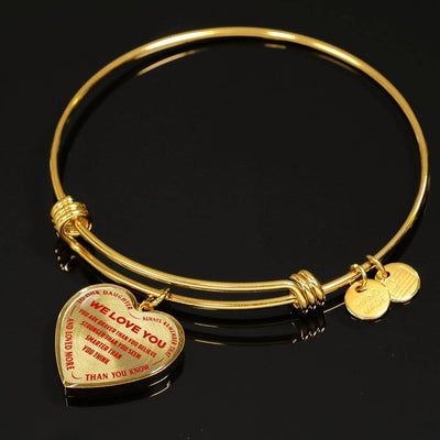 TO OUR DAUGHTER, ALWAYS REMEMBER THAT, WE LOVE YOU - (RED ON TRANSPARENT) SILVER OR GOLD FINISHED HEART SHAPED BANGLE BRACELET NEW