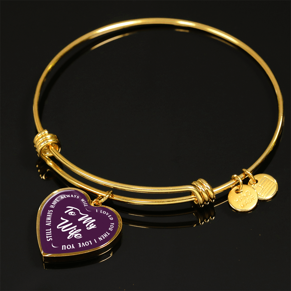 TO MY WIFE (WHITE TEXT ON PURPLE) SILVER OR GOLD FINISHED HEART SHAPED BANGLE BRACELET - podprintz.com