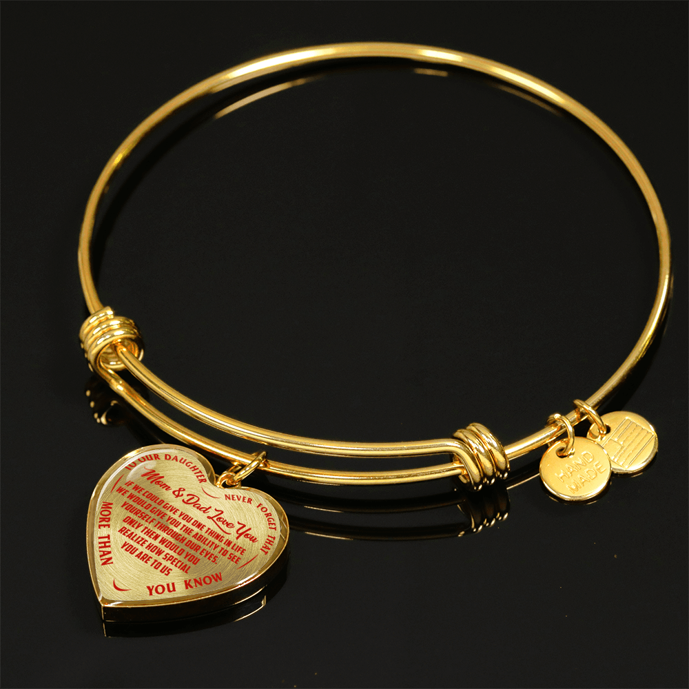 TO OUR DAUGHTER, MOM & DAD LOVE YOU, NEVER FORGET THAT - GOLD AND SILVER FINISHED HEART SHAPED NECKLACE AND BANGLE BRACELET(RED TEXT ON TRANSPARENT) EO