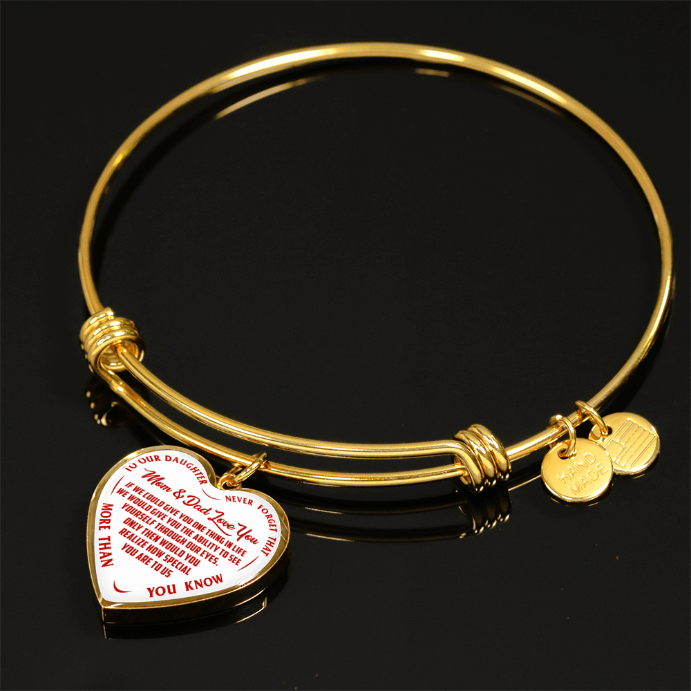 TO OUR DAUGHTER, MOM & DAD LOVE YOU, NEVER FORGET THAT - GOLD AND SILVER FINISHED HEART SHAPED NECKLACE AND BANGLE BRACELET (RED TEXT ON WHITE) EO