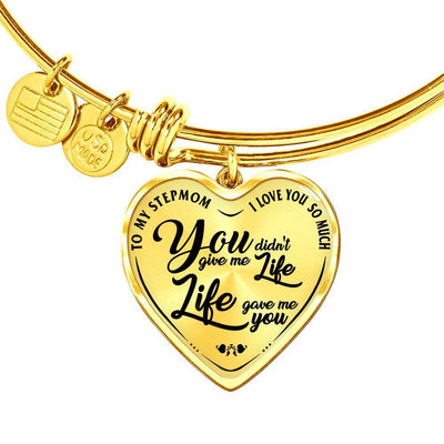 TO MY STEPMOM - I LOVE YOU SO MUCH, YOU DIDN'T GIVE ME A LIFE, LIFE GAVE ME YOU (BLACK ON TRANSPARENT) SILVER OR GOLD FINISHED HEART BANGLE BRACELET