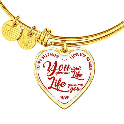 TO MY STEPMOM - I LOVE YOU SO MUCH, YOU DIDN'T GIVE ME A LIFE, LIFE GAVE ME YOU (RED ON WHITE) SILVER OR GOLD FINISHED HEART BANGLE BRACELET