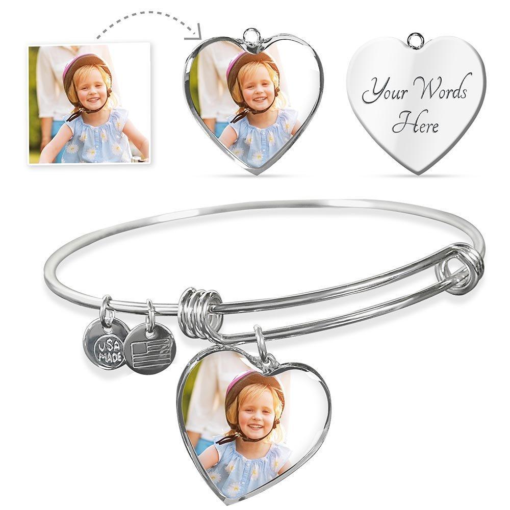 Upload Your Own Photo: Silver or Gold Finished Heart Shaped Necklace or Bangle Bracelet