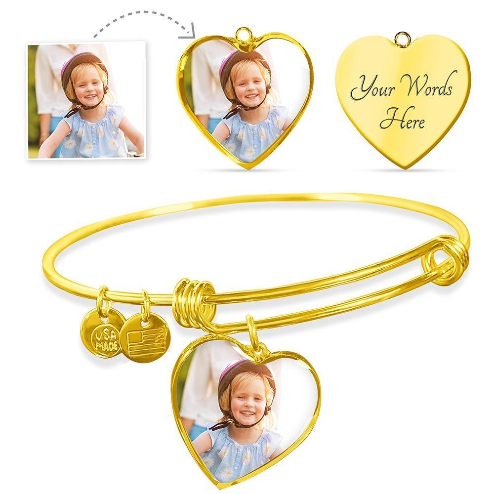 Upload Your Own Photo: Silver or Gold Finished Heart Shaped Necklace or Bangle Bracelet