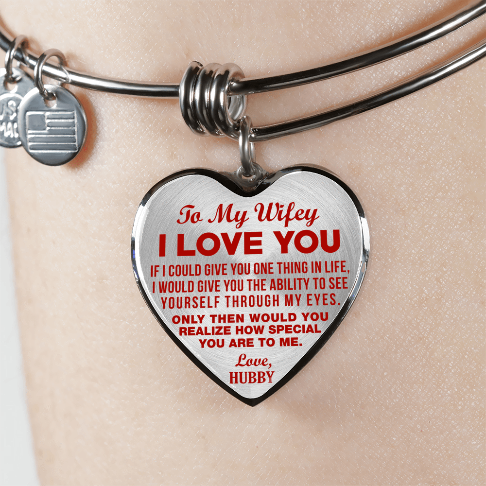 TO MY WIFEY - I LOVE YOU - (RED ON TRANSPARENT) - SILVER FINISHED BANGLE BRACELET - podprintz.com