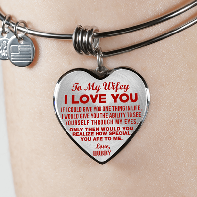 TO MY WIFEY - I LOVE YOU - (RED ON TRANSPARENT) - SILVER FINISHED BANGLE BRACELET - podprintz.com