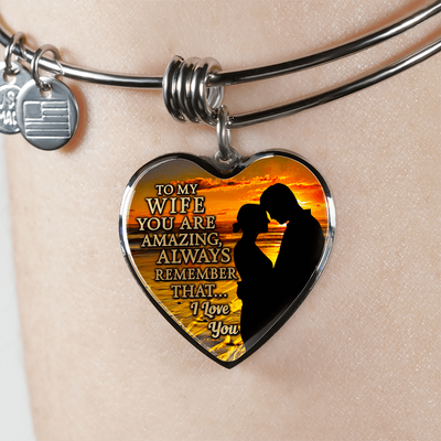 To My Wife, You Are Amazing (Sunset Beach) - Silver Finished Heart Bangle Bracelet - podprintz.com