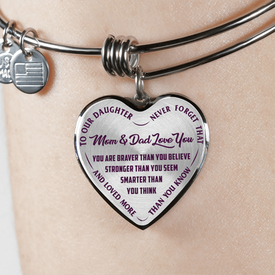 TO OUR DAUGHTER, YOU ARE BRAVER, MOM & DAD LOVE YOU - GOLD AND SILVER FINISHED HEART SHAPED NECKLACE AND BANGLE BRACELET (PURPLE TEXT ON TRANSPARENT) EO