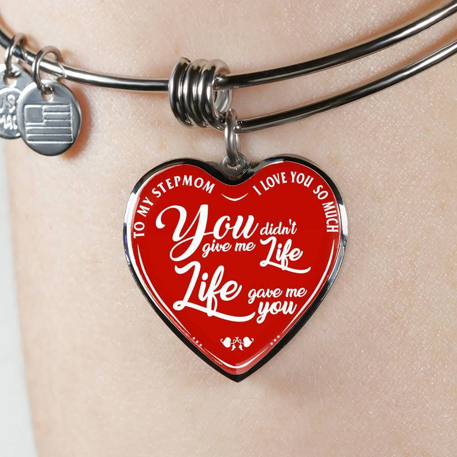TO MY STEPMOM - I LOVE YOU SO MUCH, YOU DIDN'T GIVE ME A LIFE, LIFE GAVE ME YOU (WHITE ON RED) SILVER OR GOLD FINISHED HEART BANGLE BRACELET