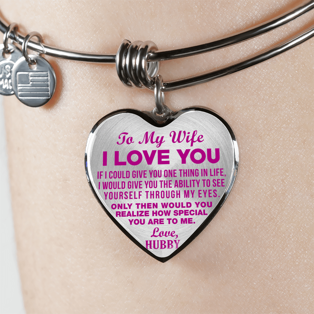 TO MY WIFE - I LOVE YOU - (HOT PINK ON TRANSPARENT) - SILVER FINISHED BANGLE BRACELET - podprintz.com