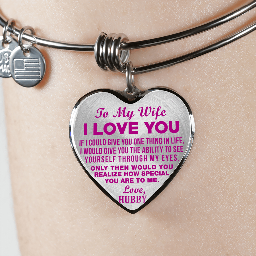 TO MY WIFE - I LOVE YOU - (HOT PINK ON TRANSPARENT) - SILVER FINISHED BANGLE BRACELET - podprintz.com