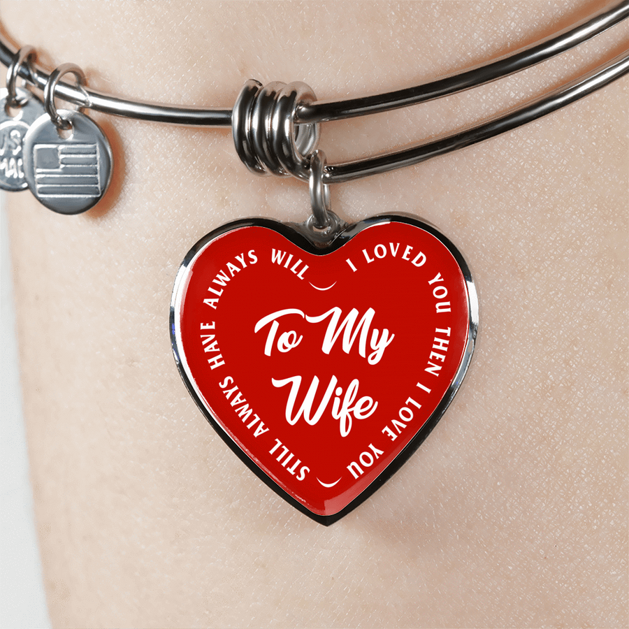 TO MY WIFE (WHITE TEXT ON RED) SILVER OR GOLD FINISHED HEART SHAPED BANGLE BRACELET - podprintz.com