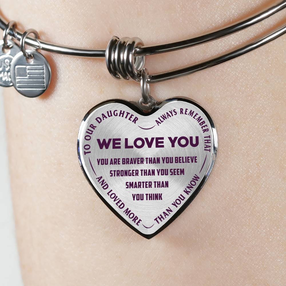 TO OUR DAUGHTER, ALWAYS REMEMBER THAT, WE LOVE YOU - (PURPLE ON TRANSPARENT) SILVER OR GOLD FINISHED HEART NECKLACE AND BANGLE BRACELET NEW EO